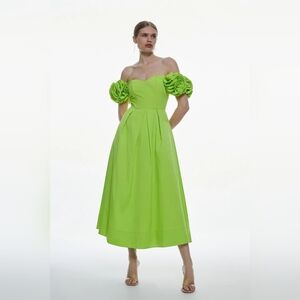 Karen Millen Taffeta Rosette Corseted Woven Midi Dress sz 10 new lime green